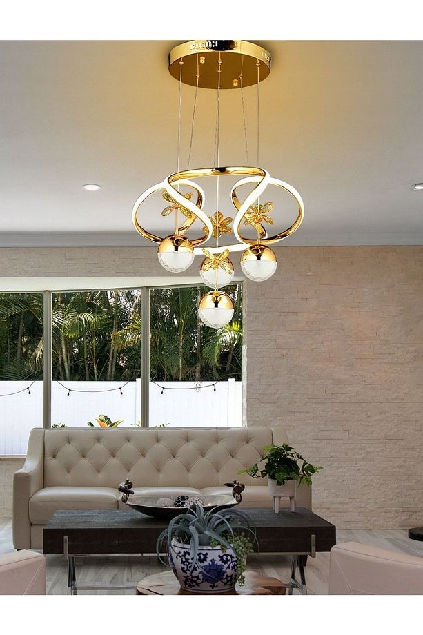 Dimmerli Kumandalı 3 Renk Modern Kristal Taşlı Salon Mutfak Oturma Odası Avize Gold Sarı Led Avize - 5