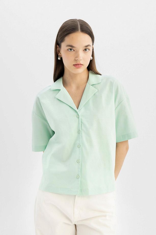 Coool Oversize Geniş Kalıp Pijama Yaka Flamlı Pamuk Kısa Kollu Gömlek C0743ax24sm - 4
