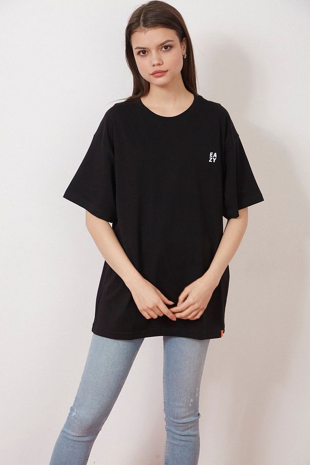 Eazy Siyah Abstract Shapes Unisex Oversize Baskılı Kısa Kollu T-shirt - 3