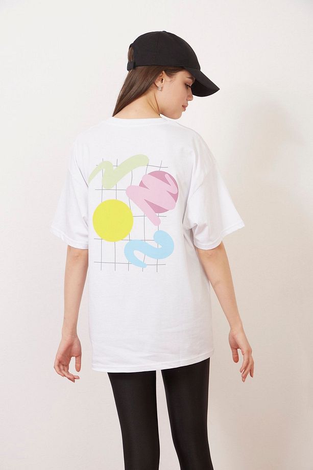 Eazy Beyaz Abstract Shapes Unisex Oversize Baskılı Kısa Kollu T-shirt - 2