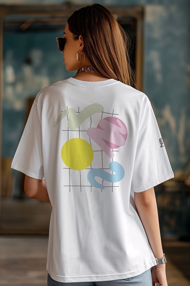 Eazy Beyaz Abstract Shapes Unisex Oversize Baskılı Kısa Kollu T-shirt - 1