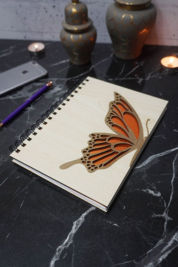 Butterfly Patterned Wooden Cover Notebook - Agenda - Diary - Unlined Notebook - A5 Notebook Memory Book