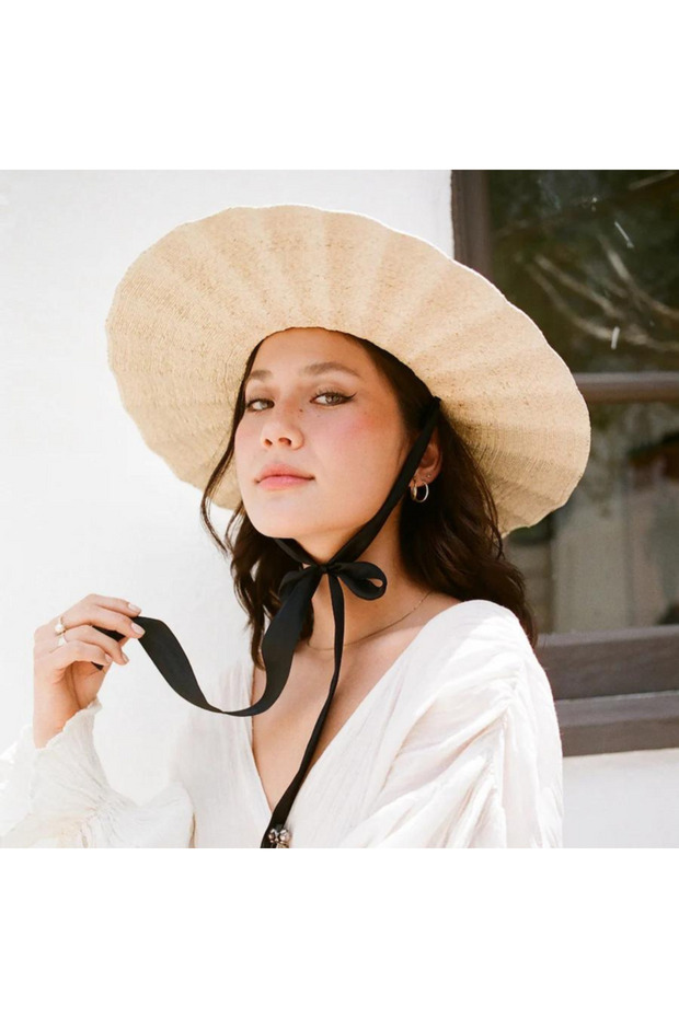 Women's Large Wide Brim Wavy Ruffles Handmade Organic Straw Hat