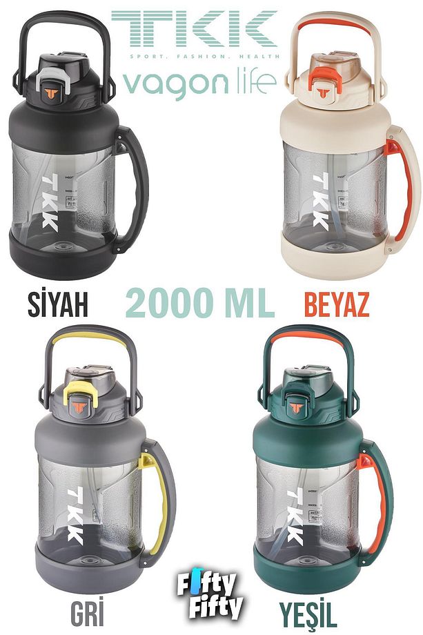 TKK 2000 ML Tek Kapak Çift Kullanım Pipetli/Rahat İçim Tritan Su Matarası-FFTKK1028-2000ML - 8