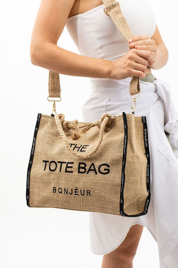Kadın Hasır Büyük Boy Yazılı Tote Bag Çapraz İp Askılı Yazlık El ve Omuz Çantası - 1