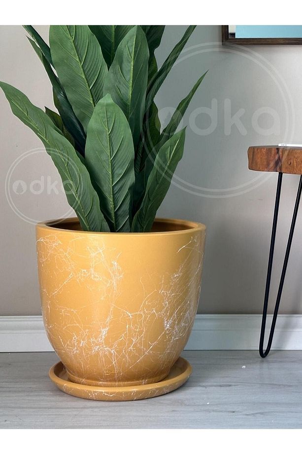 10litre Saksı Tabaklı Çap: 25cmx Yükseklik: 23cm Mia Sarı Mermer Desenli - 2