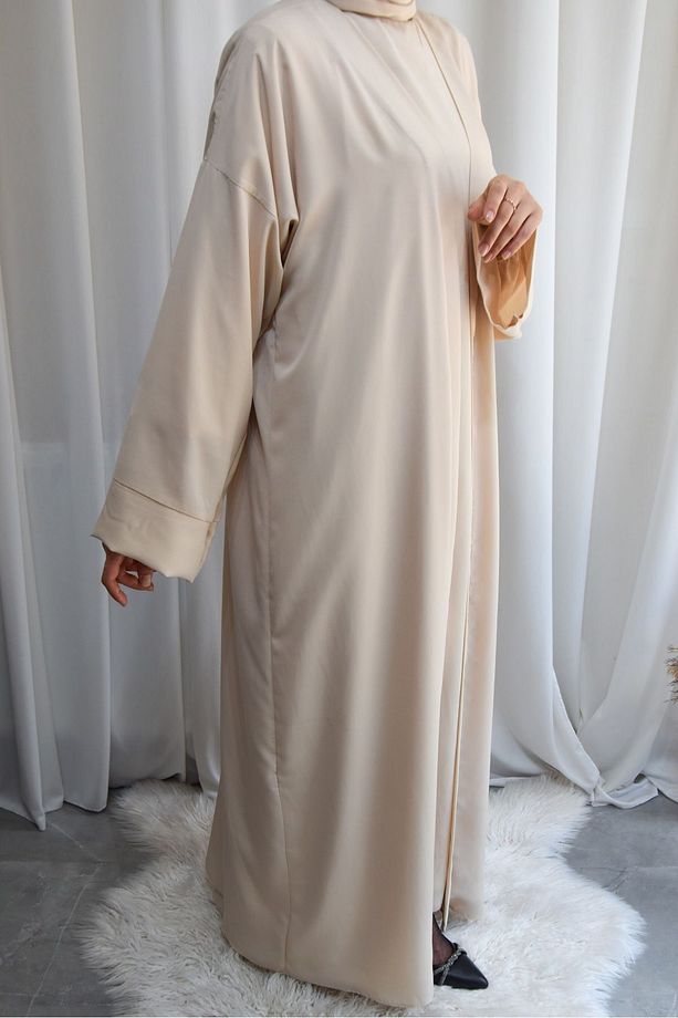 Model Hacer Medine İpeği Uzun Kol Elbise Abaya Takımı (4 Parça) - Krem - HACER01012 - 2