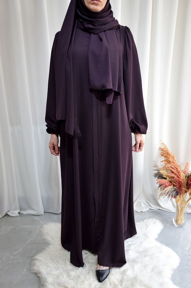 Model Erva Medine İpeği Balon Kollu Ferace (ŞALSIZ) - Mürdüm - ERVA01029 - 4