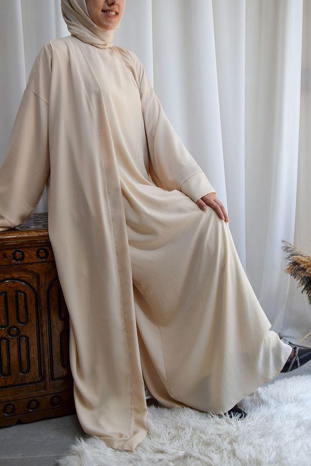Model Hacer Medine İpeği Uzun Kol Elbise Abaya Takımı (4 Parça) - Krem - HACER01012 - 4