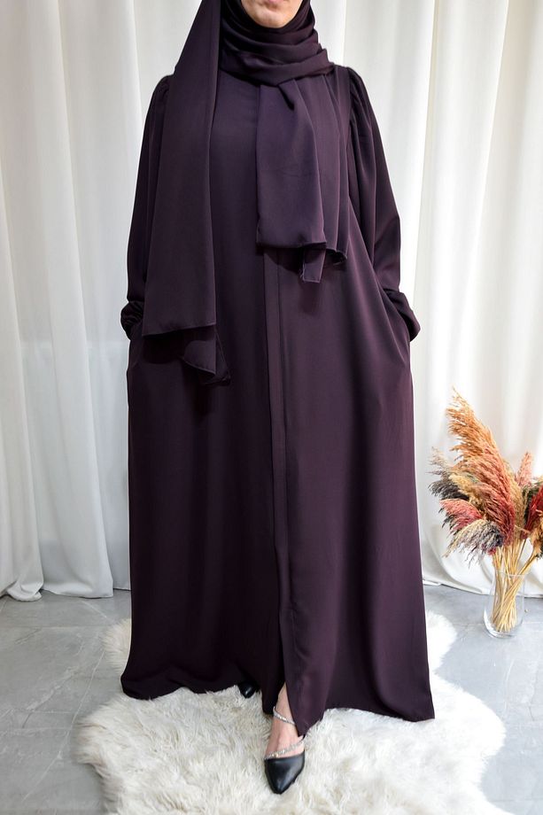 Model Erva Medine İpeği Balon Kollu Ferace (ŞALSIZ) - Mürdüm - ERVA01029 - 3