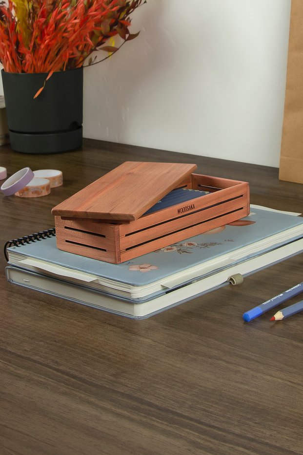 3Line Horizontal Utensil and Pen Holder - with Lid - Made of Cherry Wood - 19.1 cm X 7.7 cm X 4.1 cm