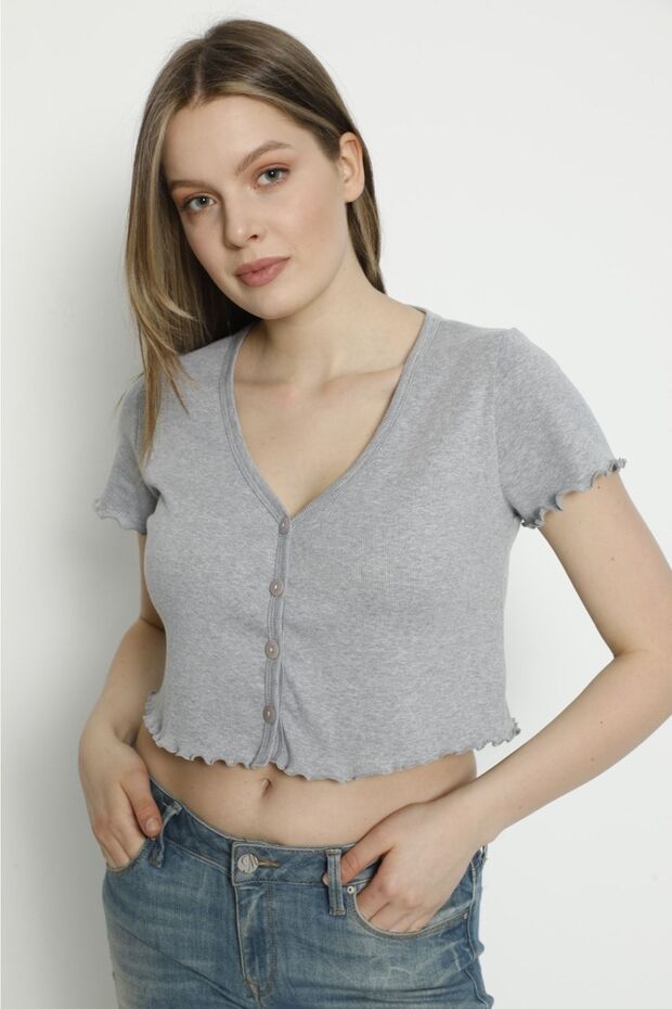 تيكس رمادي قصير من الأمام بأزرار - 3