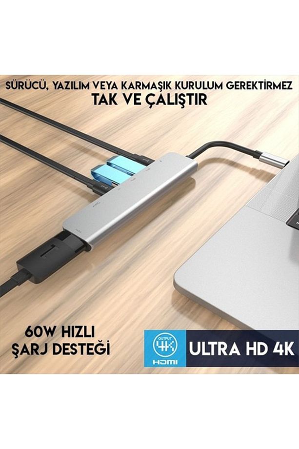 Cf08 Macbook Uyumlu Type-c To 4k 1080p Uhd Hdmı Type-c Pd Şarj 2 Usb3 Çevirici Hub Adaptör - 4