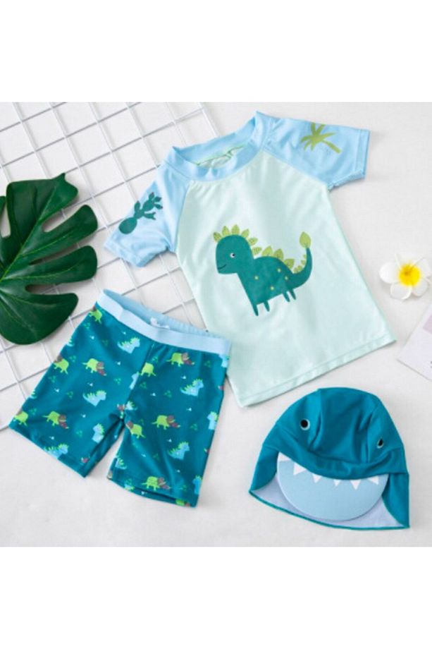 Erkek Bebek 3'lu Set- Upf 50 + Güneş Korumali Sort Mayo + Tshirt 'u + Sapka Seti Cute Dıno - 1