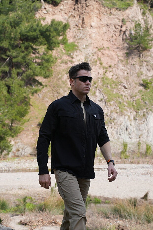 Four Seasons Anti-Sweat Long Sleeve Black Outdoor Tactical Shirt with 4 Pockets