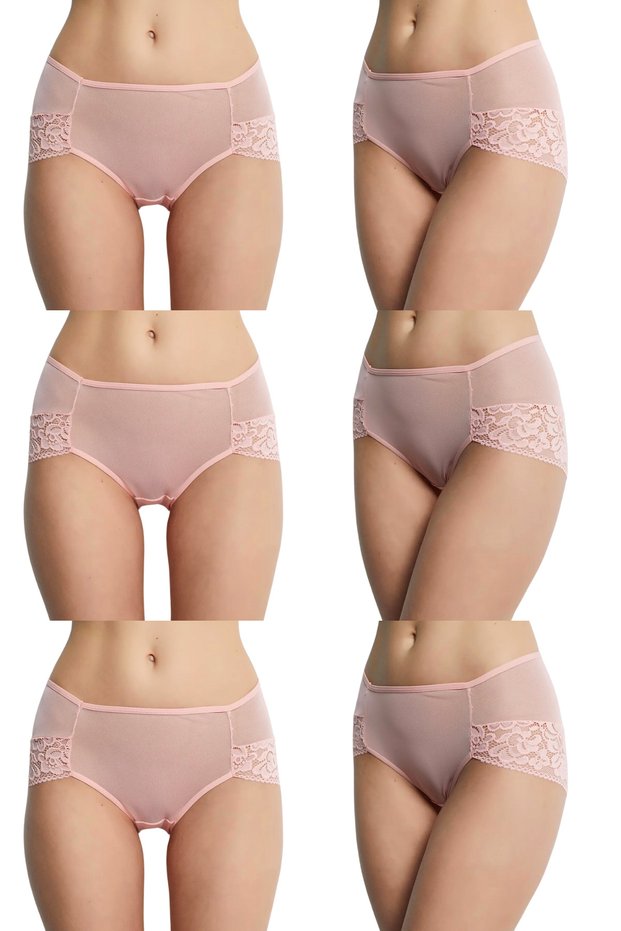 Pack of 6 Bato Model Tulle Fabric Women's Panties with Lace Detail on Waist to Back