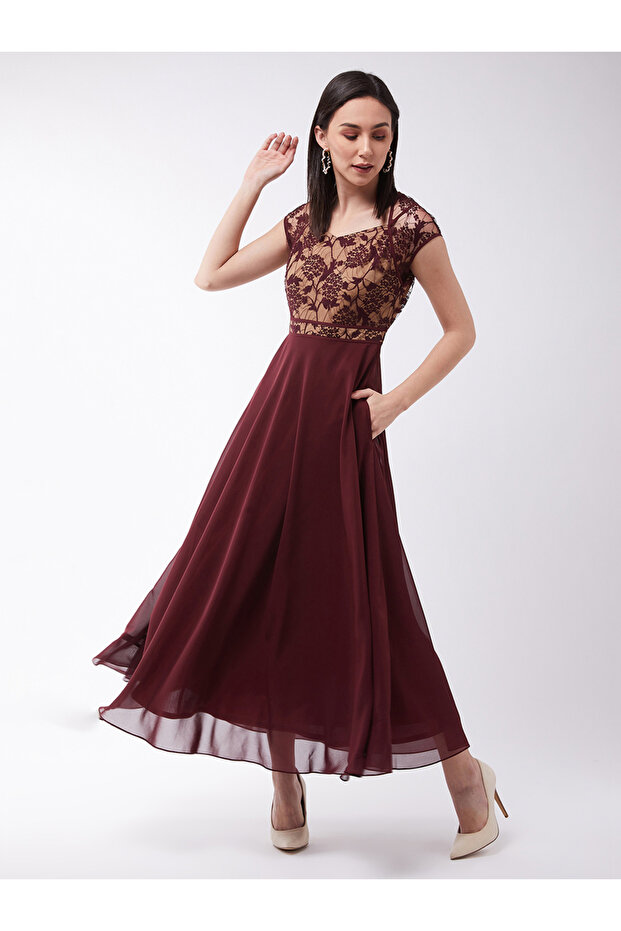 Floral Mesh Insert A-Line Maxi Dress