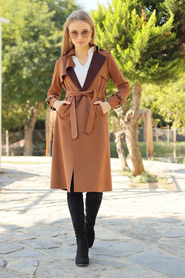 7275a Bel Bağlamalı Süet Trençkot Taba - 2