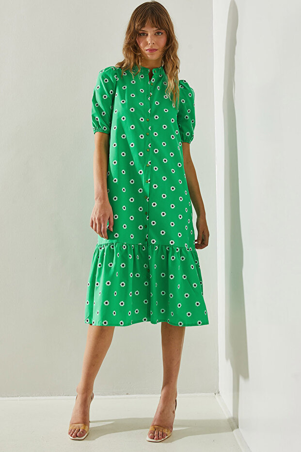 Women's Green Daisy Patterned Skirt Ruffle Detailed Buttoned 3370 Dress 60251404