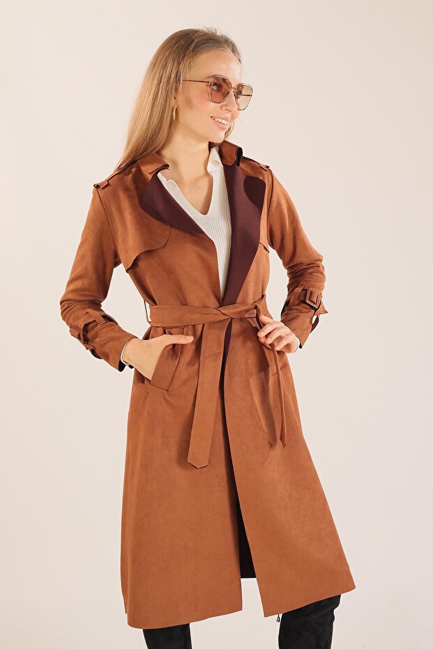 7275a Bel Bağlamalı Süet Trençkot Taba - 4