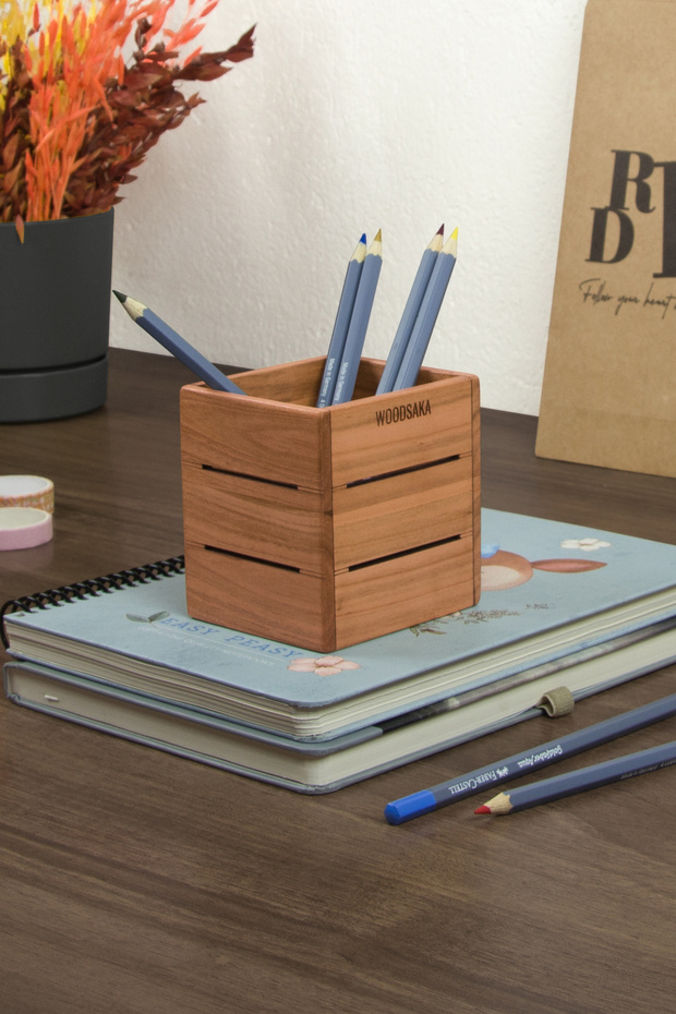 3Line Kiraz 4 Piece Office Set - Pen Holder - Business Card Holder - Cube Note Paper Box | Cherry