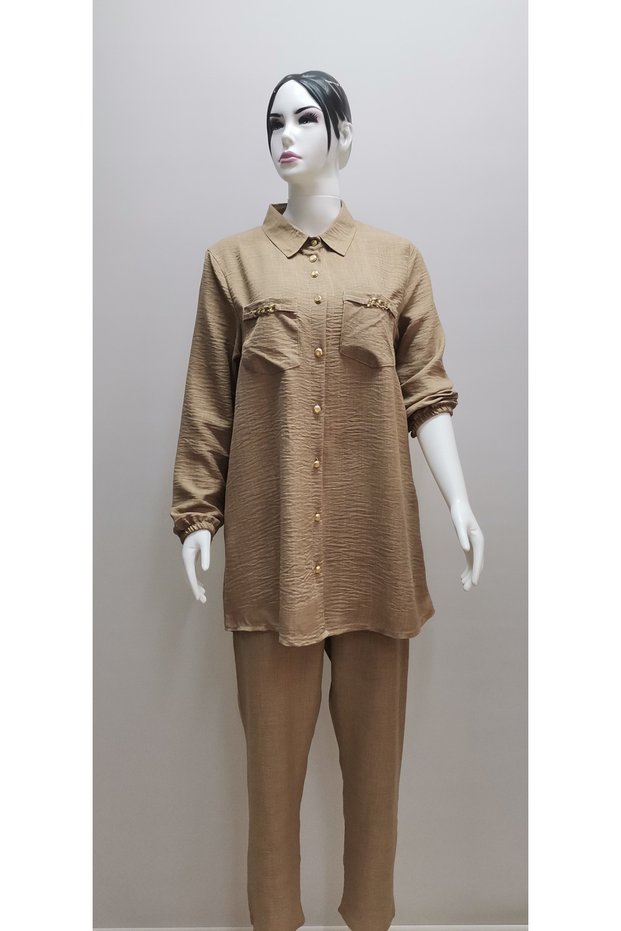 / Cc Ayrobin Linen Fabric Chest Pocket Buttoned Shirt Collar Bottom Top Tunic Set