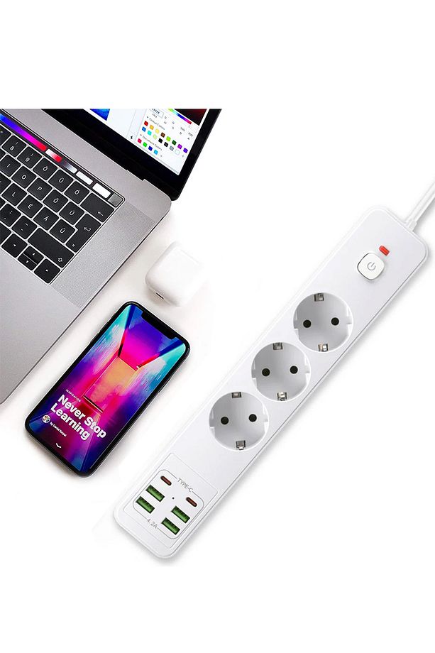 Yeni Nesil 3lü Grup Priz 2.0 Metre 2 Adet Type-C ve 4 Adet USB Girişli Universal Çoklu Priz - 9