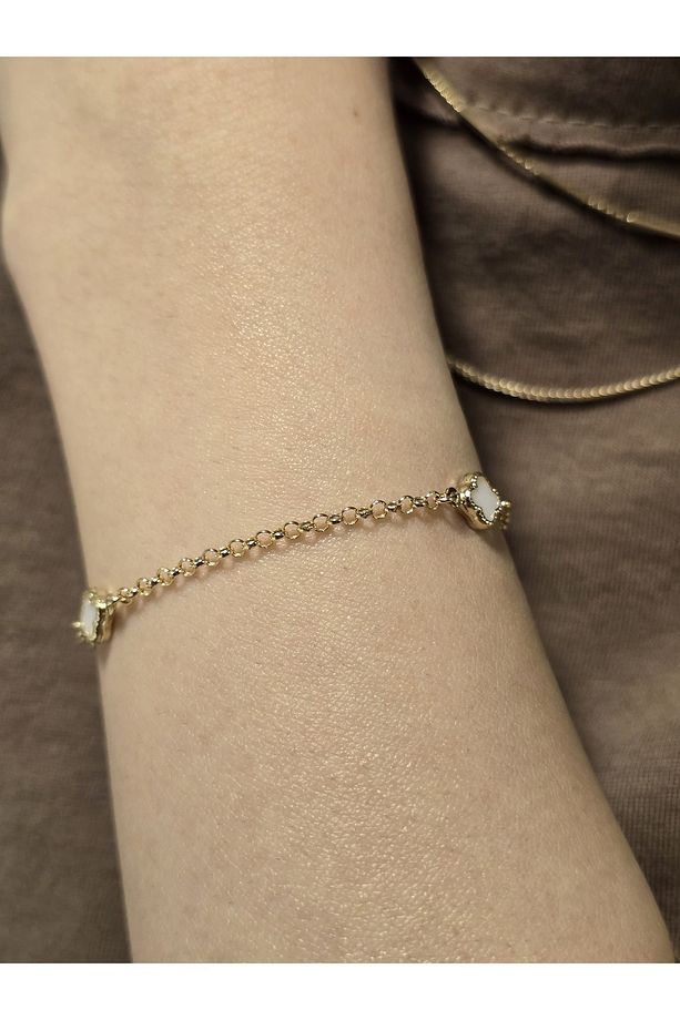 14 AYAR ALTIN 4 YAPRAKLI YONCA GOLD VAN CLEEF 3 LÜ   SEDEF  BİLEKLİK - 1