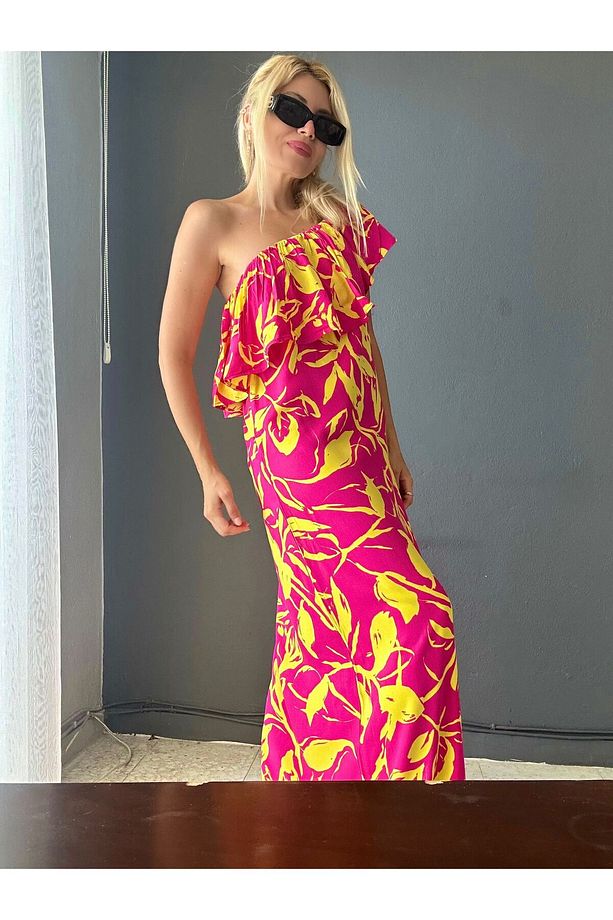 PEMBE TEK OMUZ FIRFIR YAKA DESENLİ VİSKON UZUN ELBİSE - 3