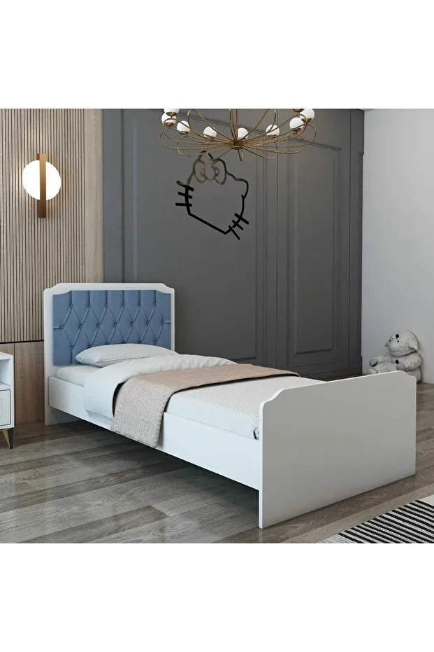 Mavi Kapitoneli 90x190 Tek Kişilik Karyola Mavi Beyaz - 3