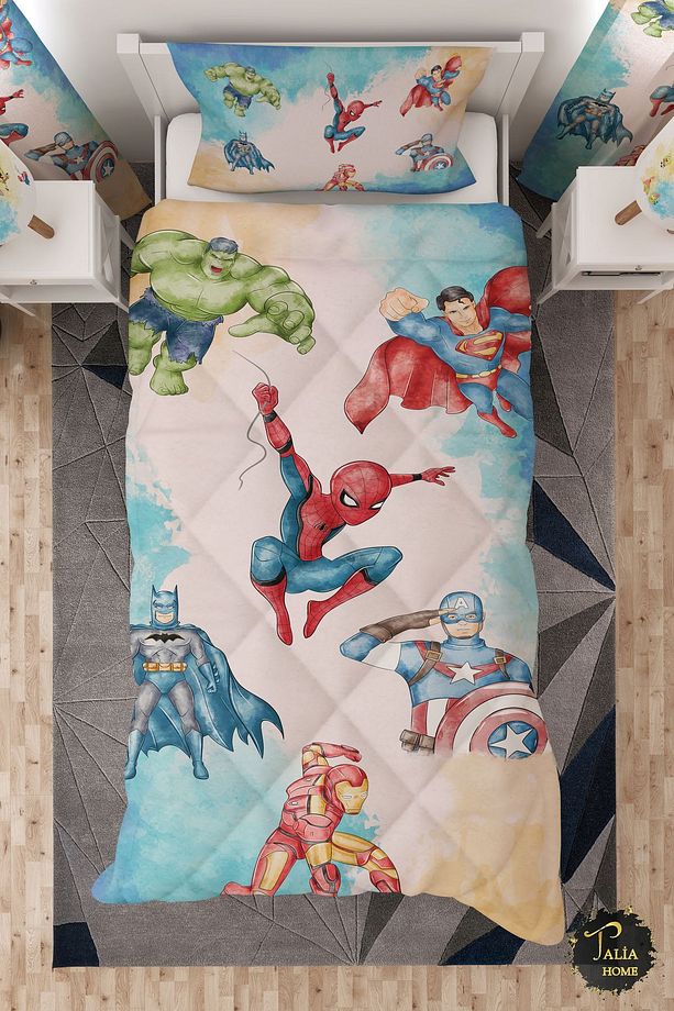 Marvel Süper Kahramanlar Desenli Tek Kişilik Çocuk Yorganı Uyku Seti - 1