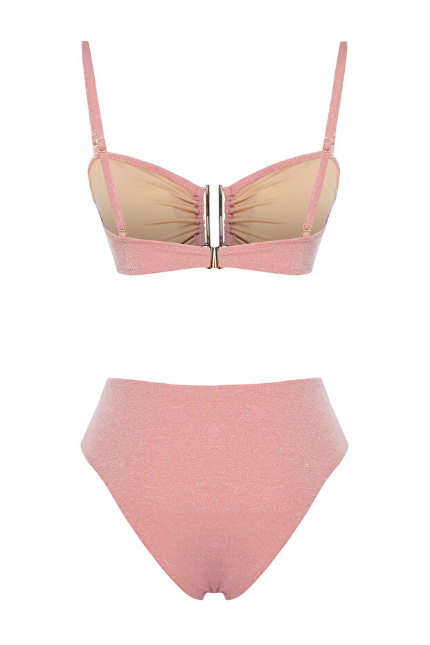 Pembe Simli Aksesuarlı Straplez Kaplı Regular Yüksek Bel Bikini Takımı TBESS24BT00054 - 8