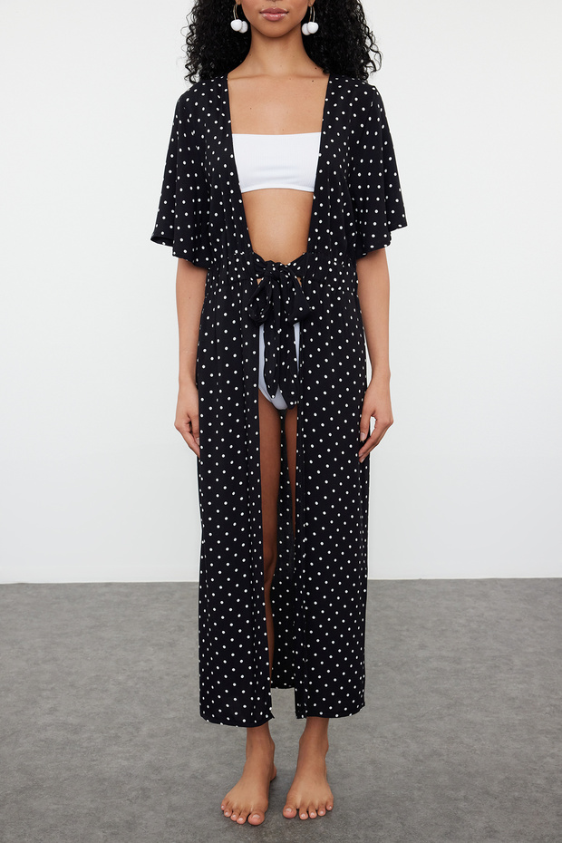 Puantiyeli Kuşaklı Maxi Dokuma Bağlamalı Plaj Kimono&Kaftan TBESS24KM00071 - 3