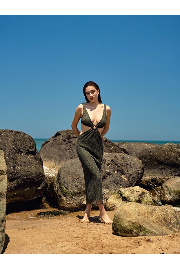 Bel Dekolteli Haki Dantel Midi Elbise - 1