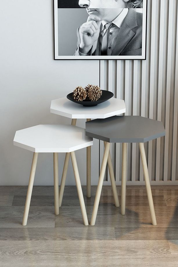 3'lü Zigon Sehpa Sekizgen Model Zigon Sehpa Gürgen Ayak - 1