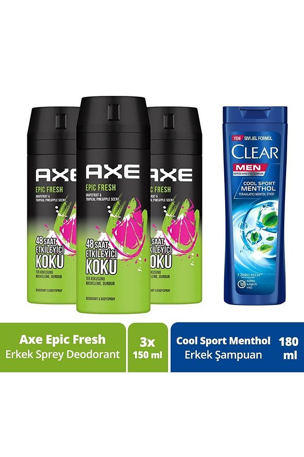 Erkek Sprey Deodorant Epic Fresh 48 Saat Etkileyici Koku 150 Ml X3 + Clear Men Şampuan 180 Ml - 1