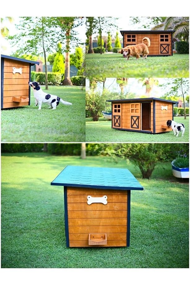 Ahşap Ikiz Köpek Kulübesi 2 Yuva Tek Kulübe Isimlik ve Mama Kabı - 5