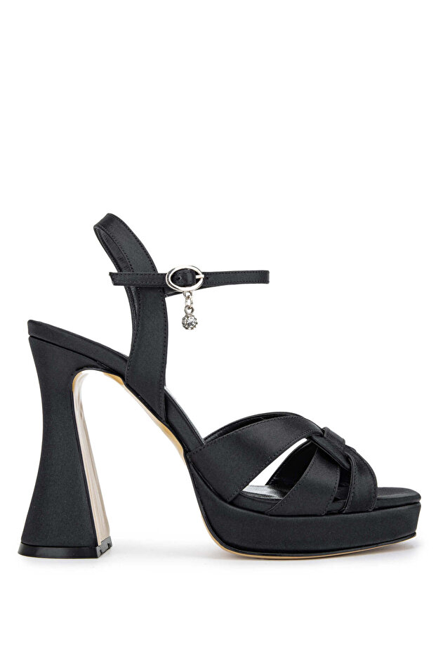 Women's Textile Black Satin Heeled Sandals