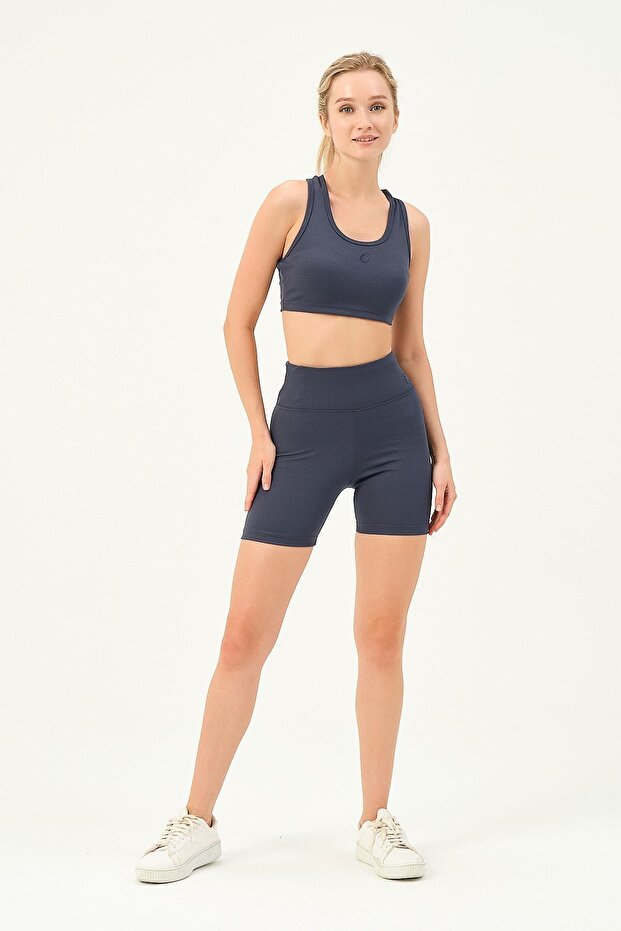 Navy Blue Ribbed High Waist Biker Tights