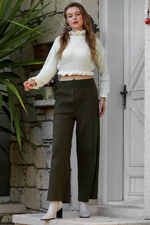 Koyu Yeşil Triko Geniş Paça Yün Pantolon - 5