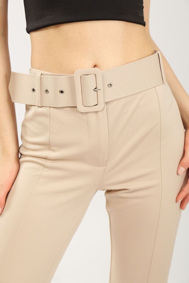 Ecru Belted Slit Trousers - 3