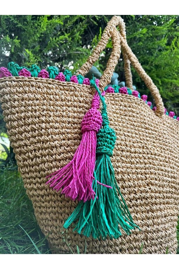 Kağıt Ip Kroşe Örgü Shopper El-omuz Çantası, Hasır ,pembe Yeşil Detaylı, Tote Günlük Çanta - 5
