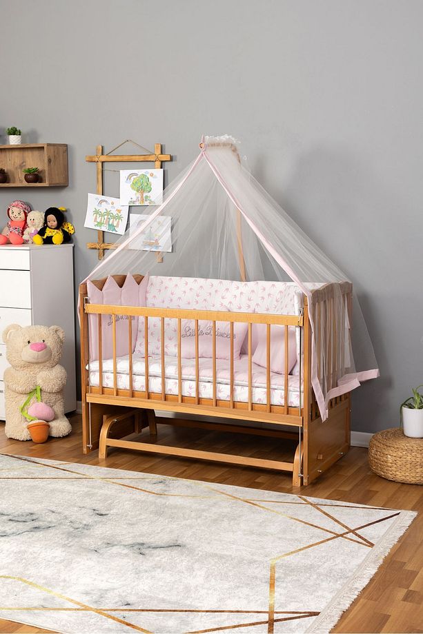 Ahşap Beşik Anne Yanı Beşik Doğal (VERNİKLİ) 60x120 - Pembe Prenses (KIZ) Uyku Seti Yatak - 3