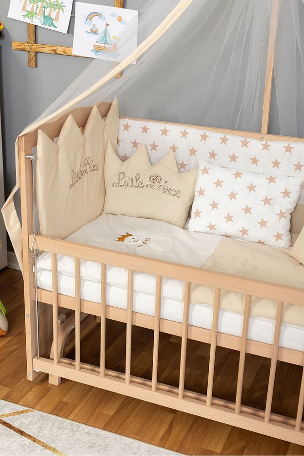 Ahşap Beşik Anne Yanı Beşik Organik (BOYASIZ) 60x120 - Krem Prens (ERKEK) Uyku Seti Yatak - 3