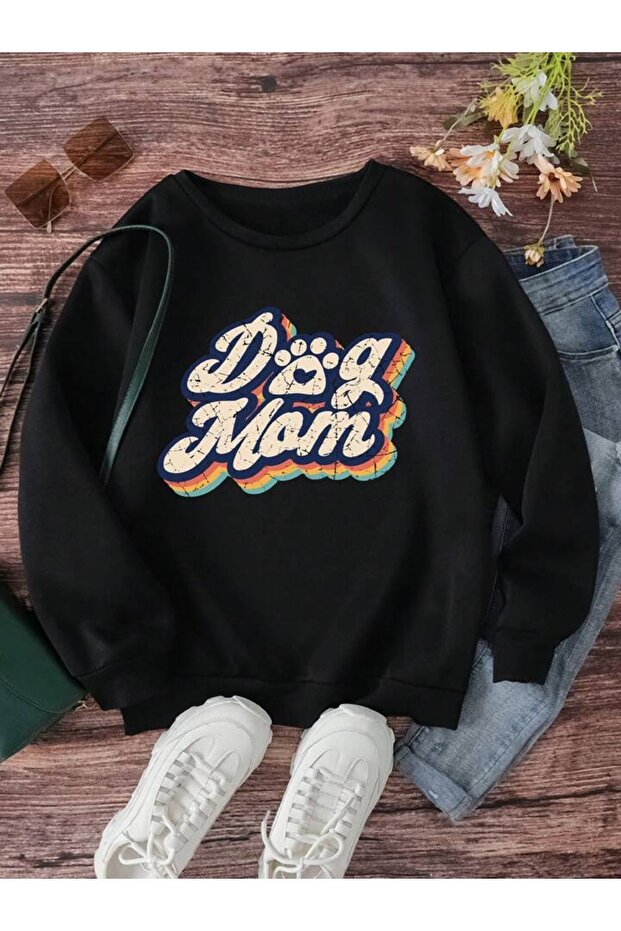 Dog Mom Paw Pattern Sweatshirt - Black Printed Oversize Thick Crew Neck