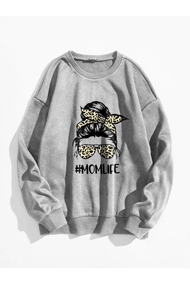 Momlife Sweatshirt - Gray Printed Oversize Thick Crew Neck