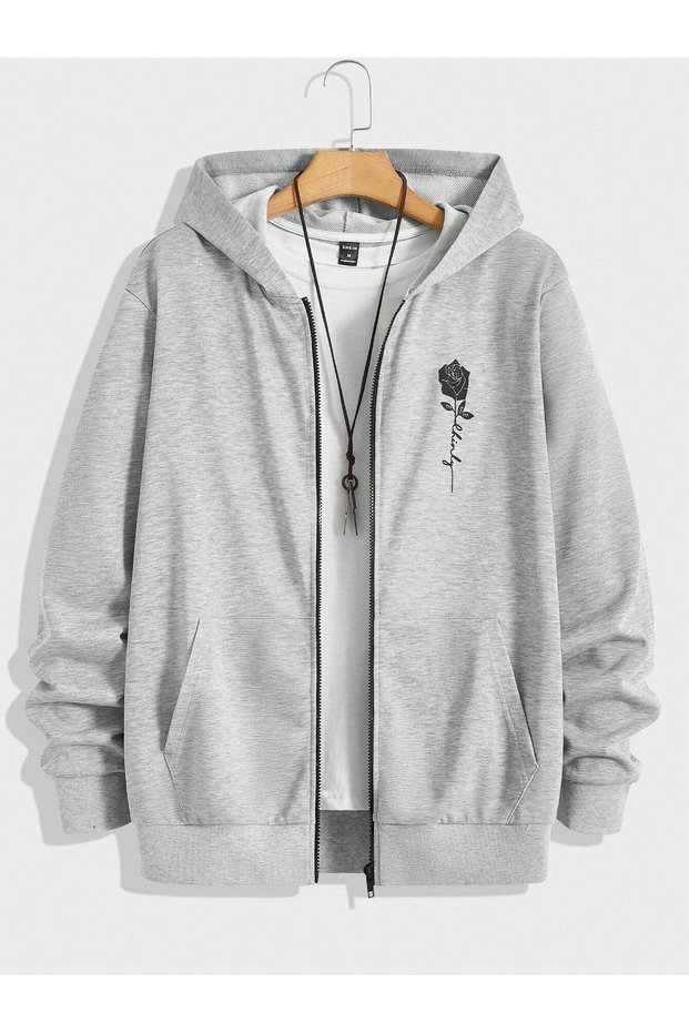 Kara Gül Sweatshirt Zippered Cardigan - Gray Printed Oversize Pocket Winter Hoodie