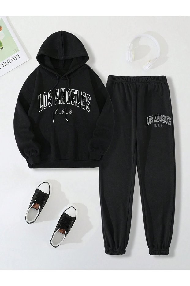 Los Angeles USA Combination Bottom Top Tracksuit Set - Black Printed Oversize Rubber Leg Hoodie