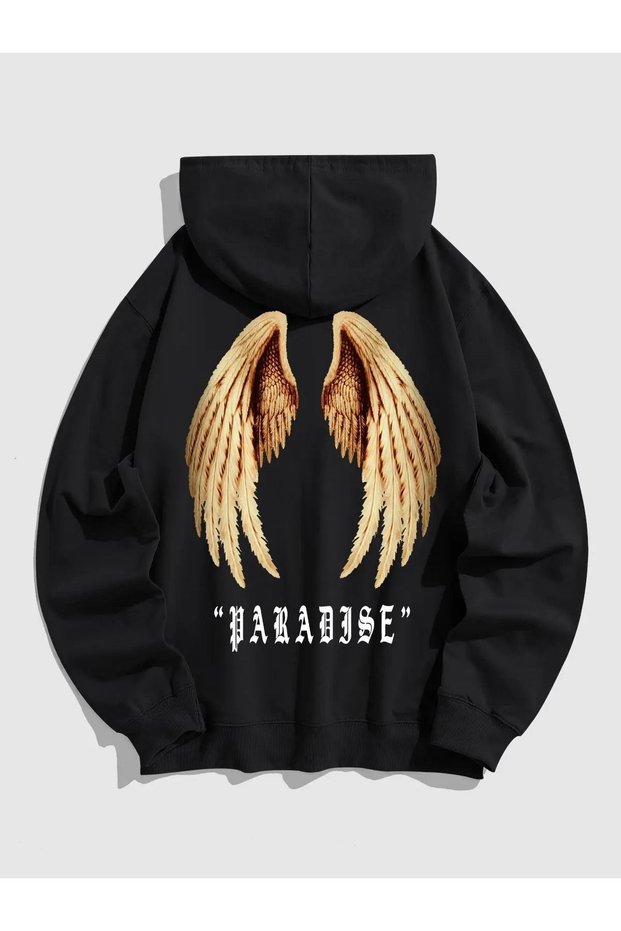 Paradise Wings Winter Sweatshirt - Black Printed Oversize Thick Hooded Hoodie
