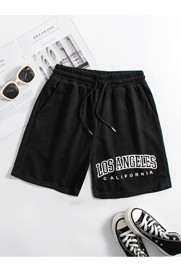 Los Angeles California Combed Cotton Shorts - Black Printed Pocket Summer
